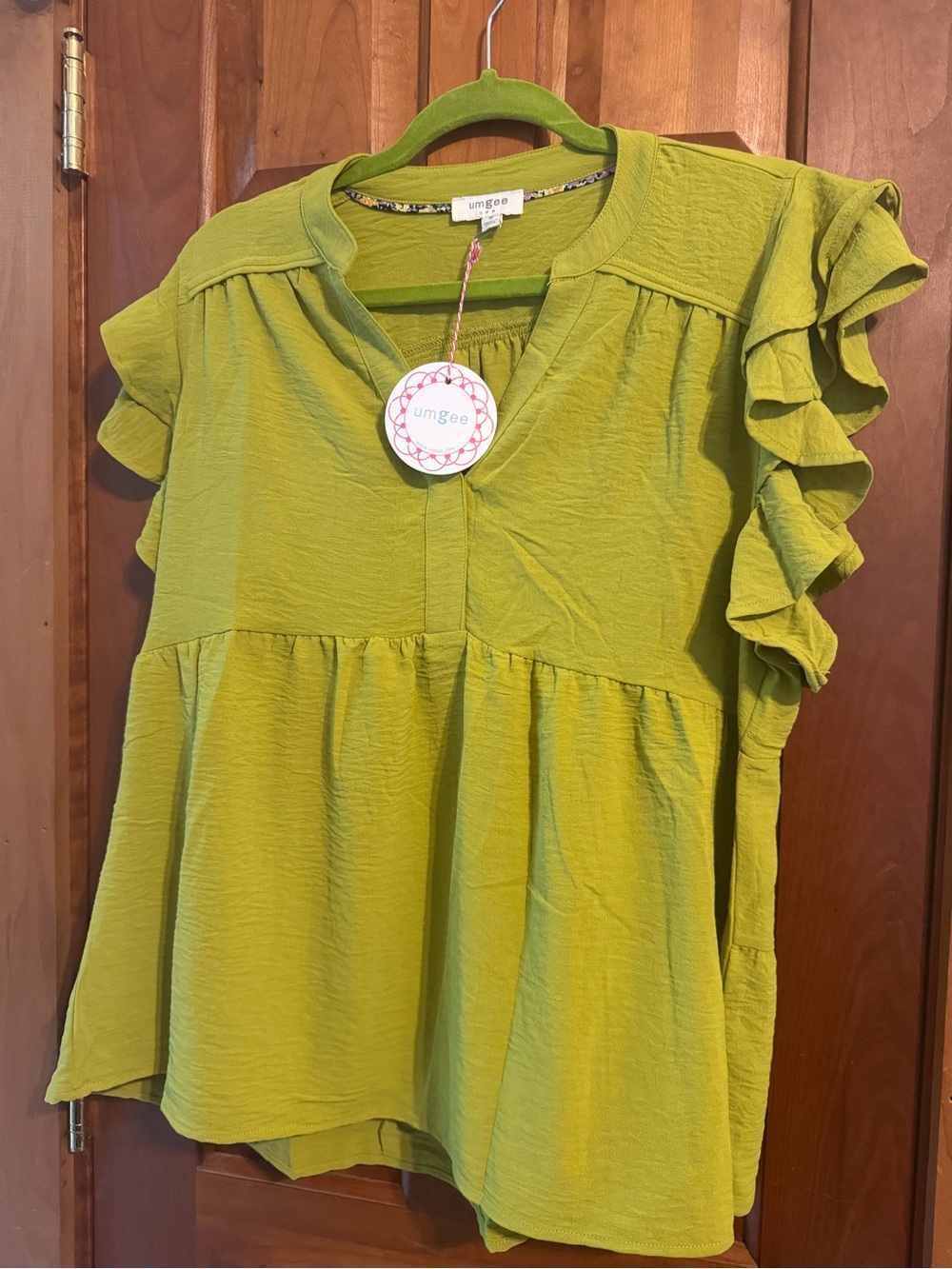 Umgee Bright Lime Green Ruffle Sleeve V-Neck Blouse - Picture 4 of 4